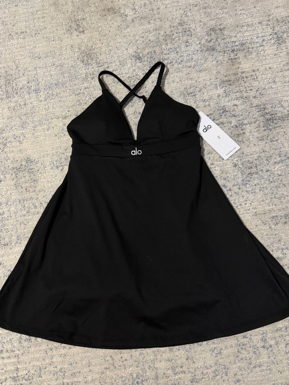 New ALO Yoga Black Cross-Back Flared Mini Dress size s